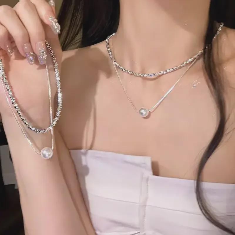 2024 Trendy Double-Layered Pearl Necklace for Women – High-End Silver Clavicle Accessory