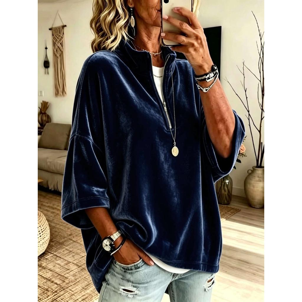 Autumn Winter Women's Velvet Top, 3/4 Sleeve High Neck Zipper Loose Slimming, Soft Comfortable Fabric for European American