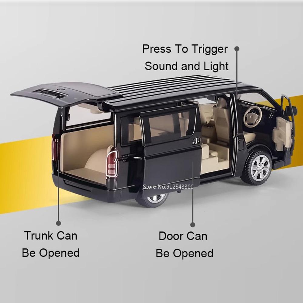 1:32 Maßstab Hiace Alphard Automodell Spielzeug Legierung Diecast Gummireifen Sound Licht Türen geöffnet Rückzugsantrieb Miniatur SUV Kindergeschenke