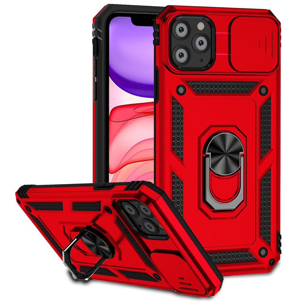 For iPhone 11 Pro Case Kickstand PC+TPU Hybrid Phone Shell with Camera Slide Cover -  Red