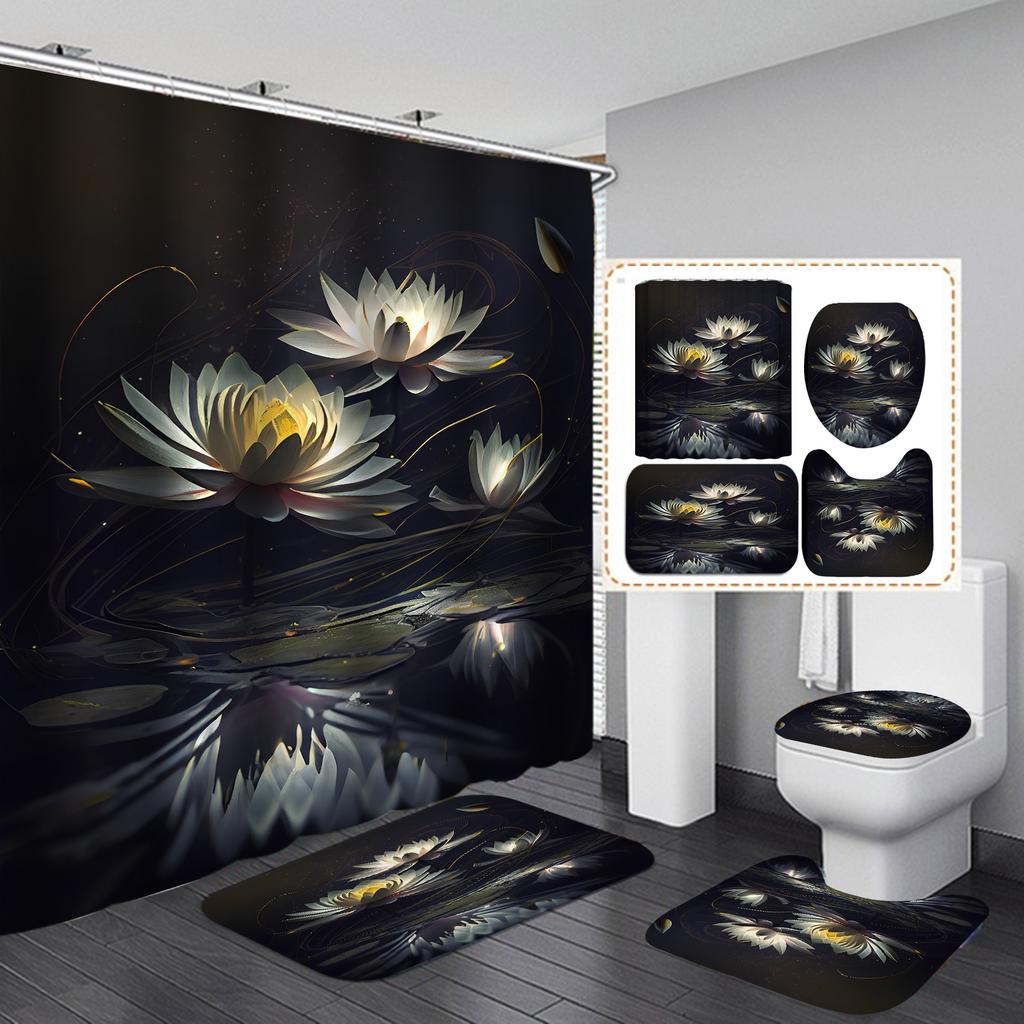 4Pcs Painted Floral Shower Curtain Set with Non-Slip Bath Mat, Toilet Lid Cover, Contour Rug & 12 Hooks, Bathroom Decor