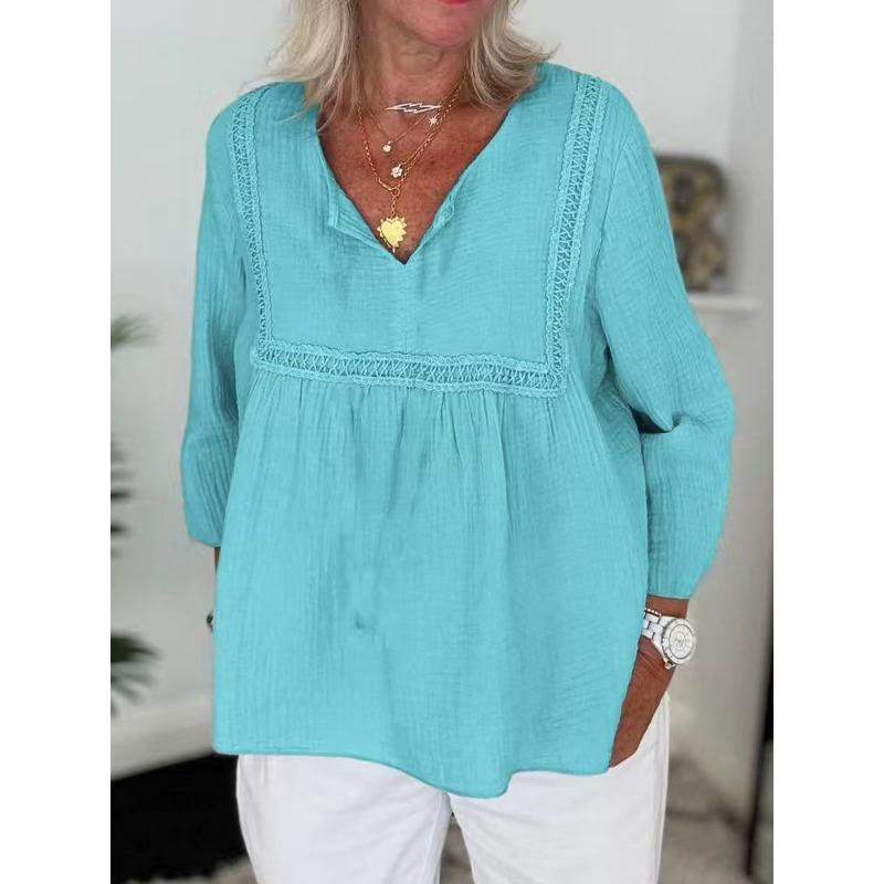 New Women's Solid Color Casual Long-sleeved V-neck Regular Multi-color Women's Top Shirt
