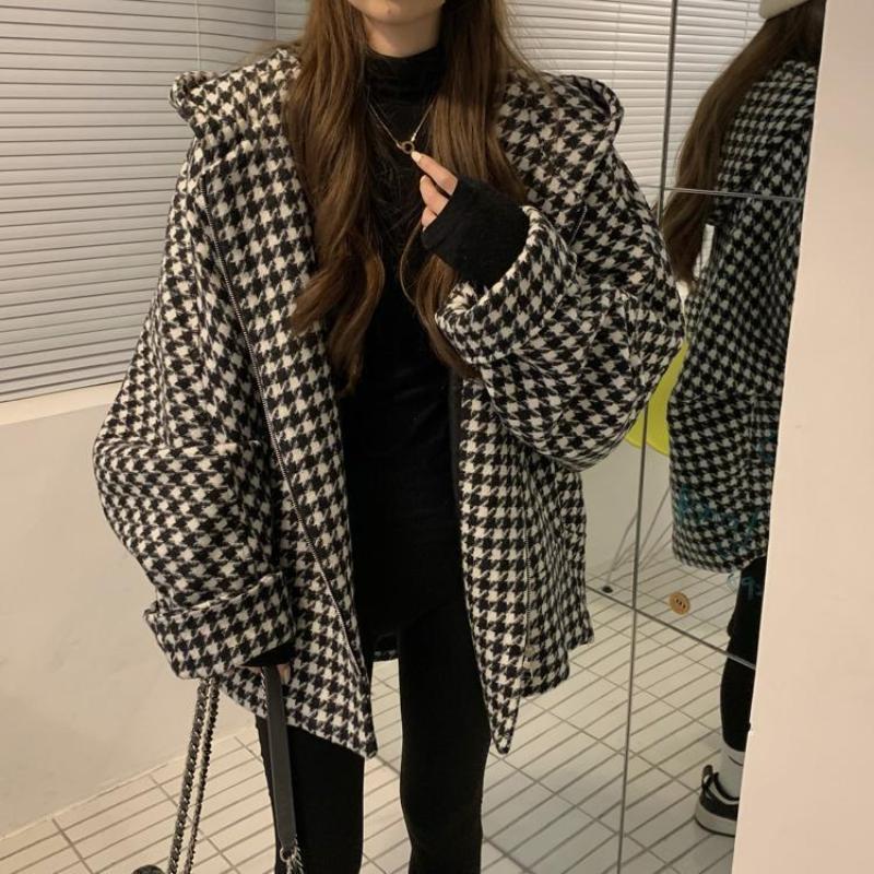 Dámska retro vlnená bunda s kohúťou stopou, top s kapucňou, voľný strih, trendy