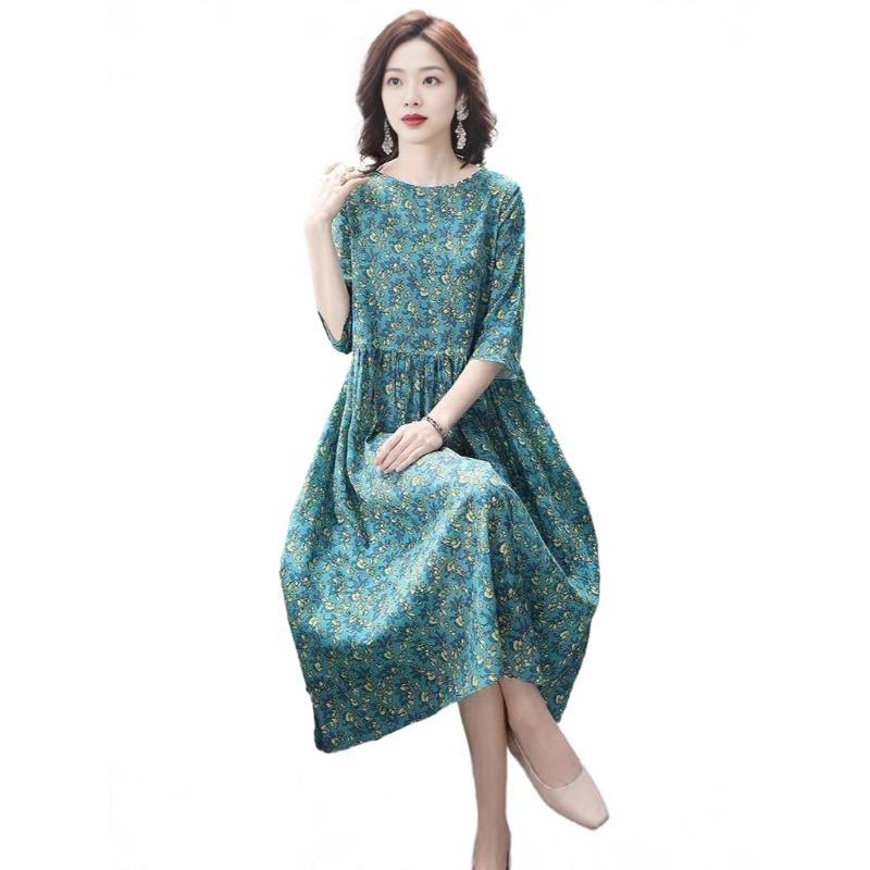 Women's Fashion Loose Spring Summer Flower Pattern Print Half Sleeves Waistline O-Neck Casual Dresses Skirt