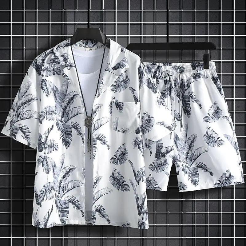 Shirts Man Sets Beach White Outfits 2 Piece Outfit Korean Two Set T-shirts Shorts Suits For Men Chic Stretch Loose Cool Shirts