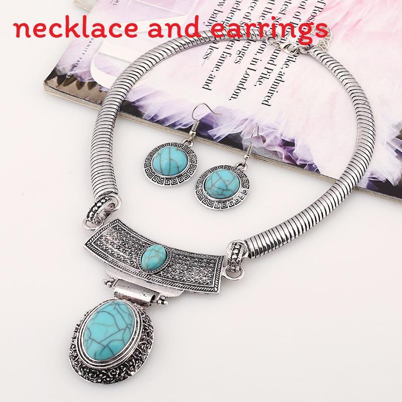 Etnisk Stil Simulering Ädelstensprydnad Dam Halsband och Örhänge Set För Män och Kvinnor