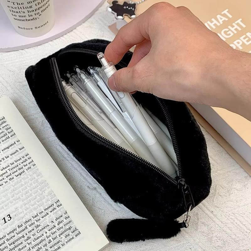 Pen Bag Large Capacity Cute Black Cat Plush Cartoon Stationery Pencil Case Cute Storage Bag Supplies Student Back To School Gift