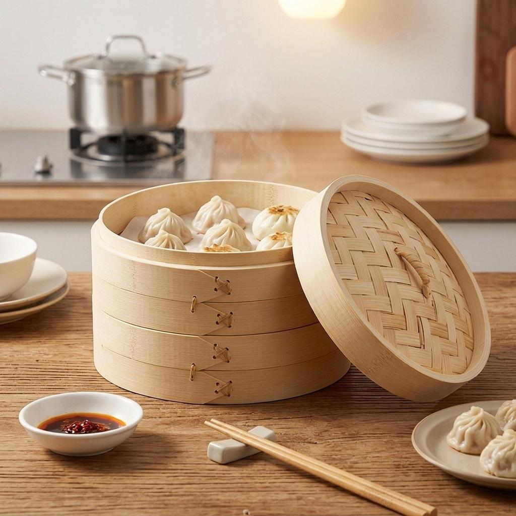 2-Laags Bamboe Stoommandjes Dumpling Stoommandjes Thuisgebruik Grote Capaciteit met Deksel Broodjes Herbruikbaar Rond