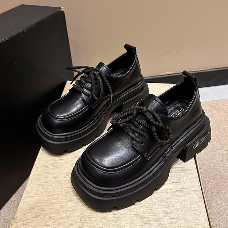 British style small leather shoes women's autumn new lace-up retro versatile small thick-soled black loafers