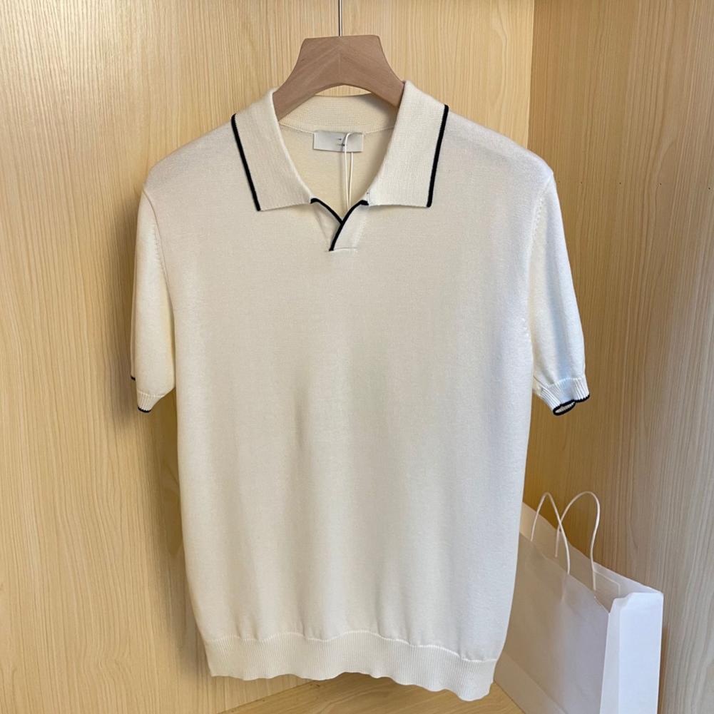 Summer Men Lapel Short Sleeve Shirt Striped Trim V-Neck Slim Fit Business Knitting Shirt Tops Elastic Pullover Tops