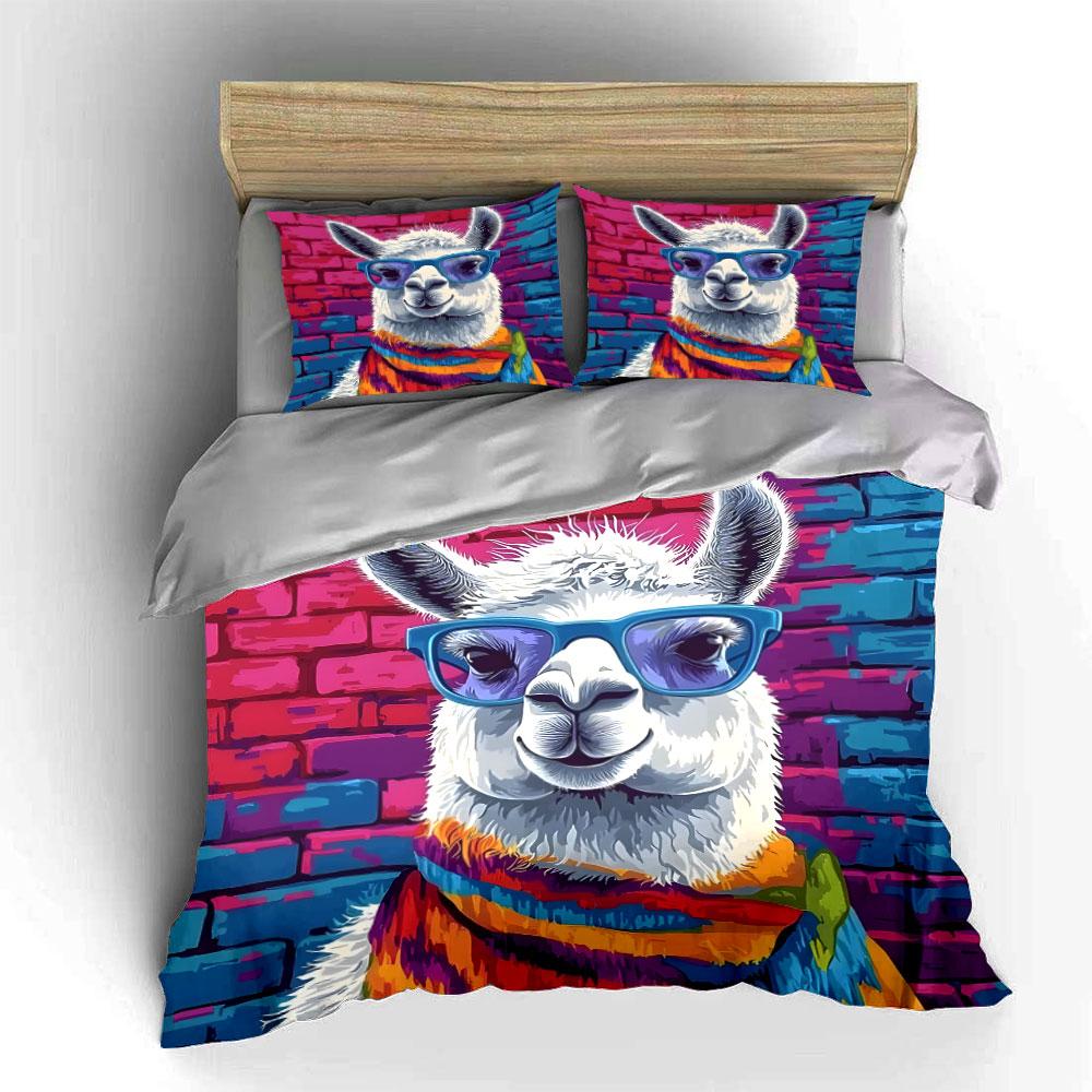 Colorful Llama Art Decor Set Bedding Set with 1 Duvet Cover 2 Pillowcases Single Double King Queen, Gift
