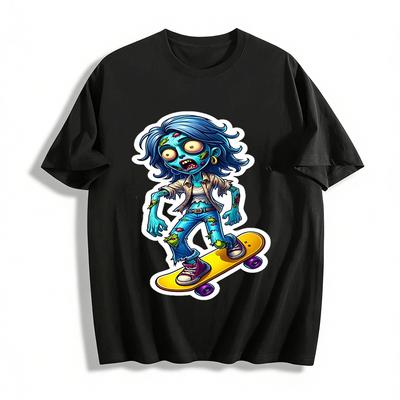 Street Cool Zombie Skateboard Print Casual Short Sleeve T-Shirt Pure Cotton T-shirt