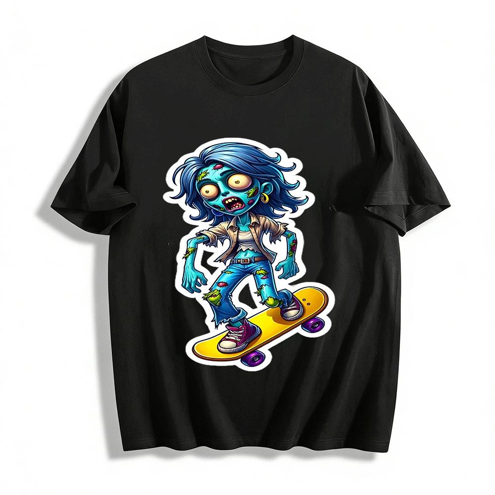 Уличная крутая футболка с принтом зомби на скейтборде, повседневная, с коротким рукавом, из чистого хлопка XXS