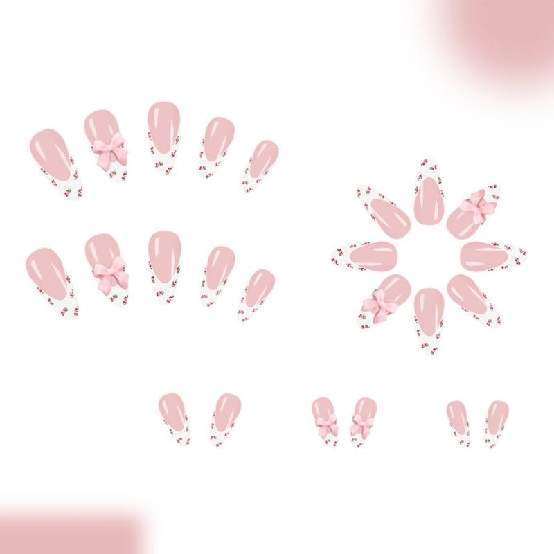 24pcs Medium False Nail Tulips Flower Bows Design Breathable Artificial Nail Easy Application ABS Material