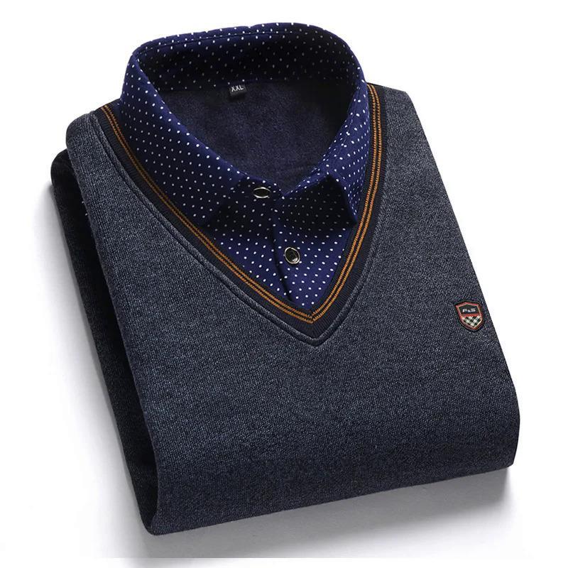 Men's Fleece Lining Sweater Autumn Winter Pullover Polo Shirt Collar Fake Two Piece Thick Warm Top Clothes Casual Knitwear