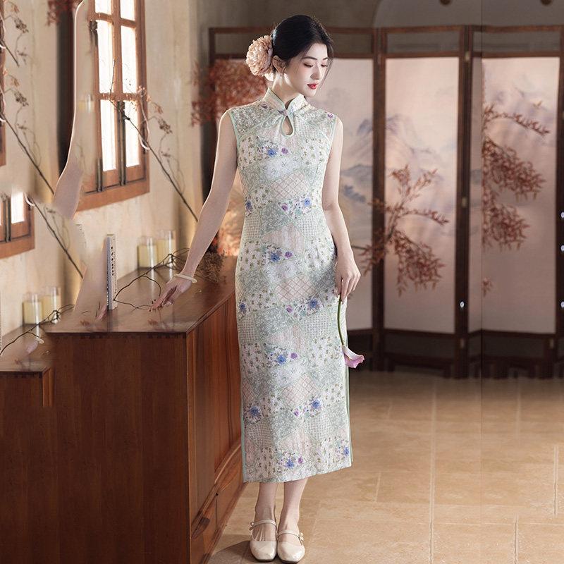 Su damlası yakalı kolsuz ulusal tarz yeni Çin uzun geliştirilmiş cheongsam 1011 yeni genç kız yüksek duygu yaz