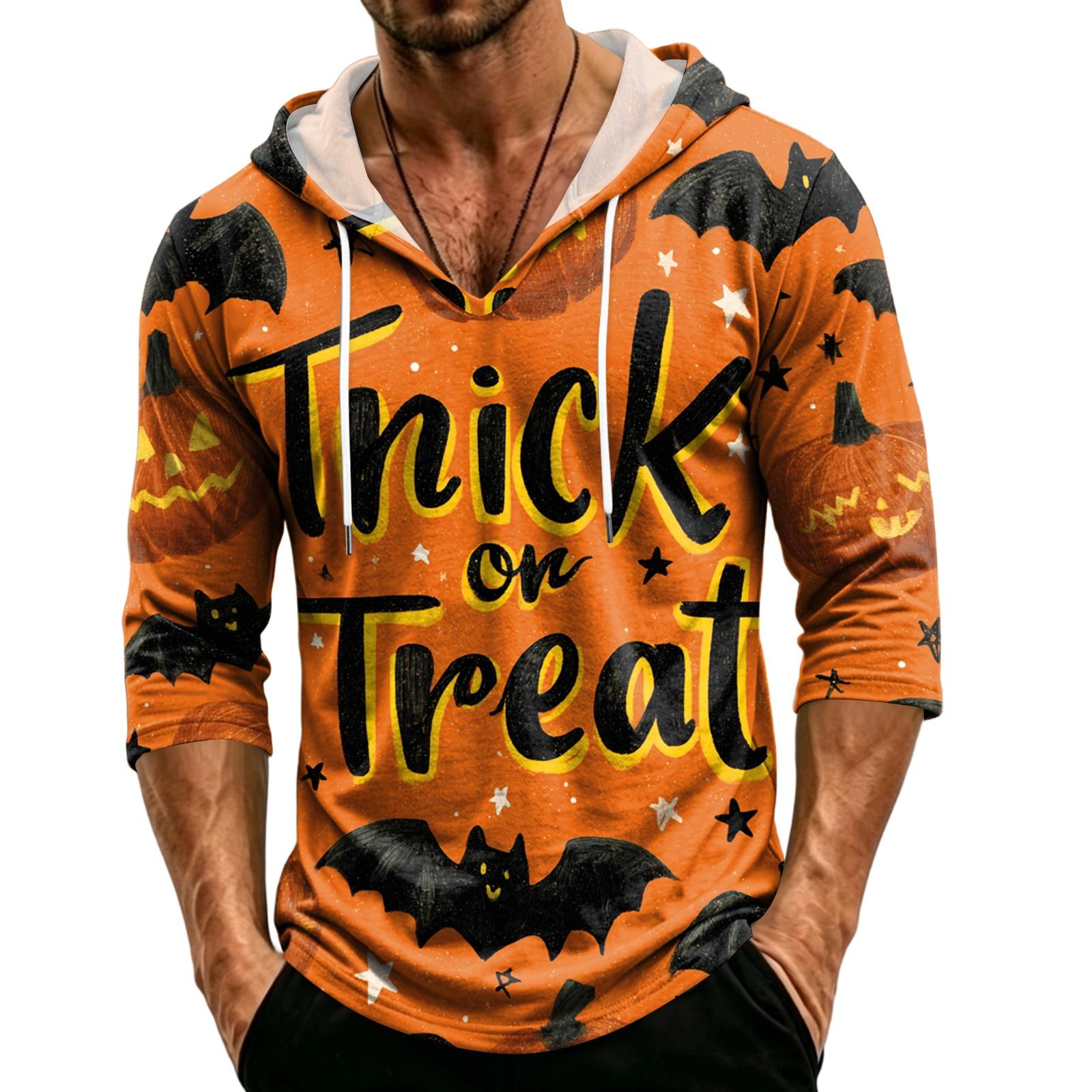 Men s Casual Hooded Three-Quarter Sleeve T-Shirt with Halloween Print for Holiday Wear S