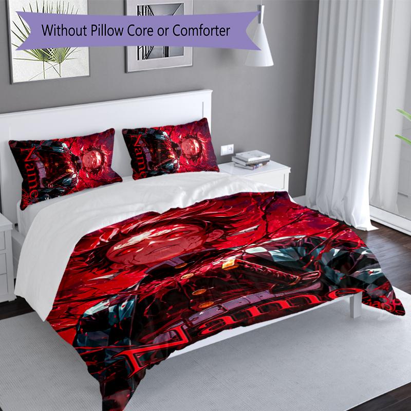 3pcs Custom Name Demon Slayer Tanjiro Set,Includes 1 Duvet Cover and 2 Pillowcases,All-season Bedroom Decor
