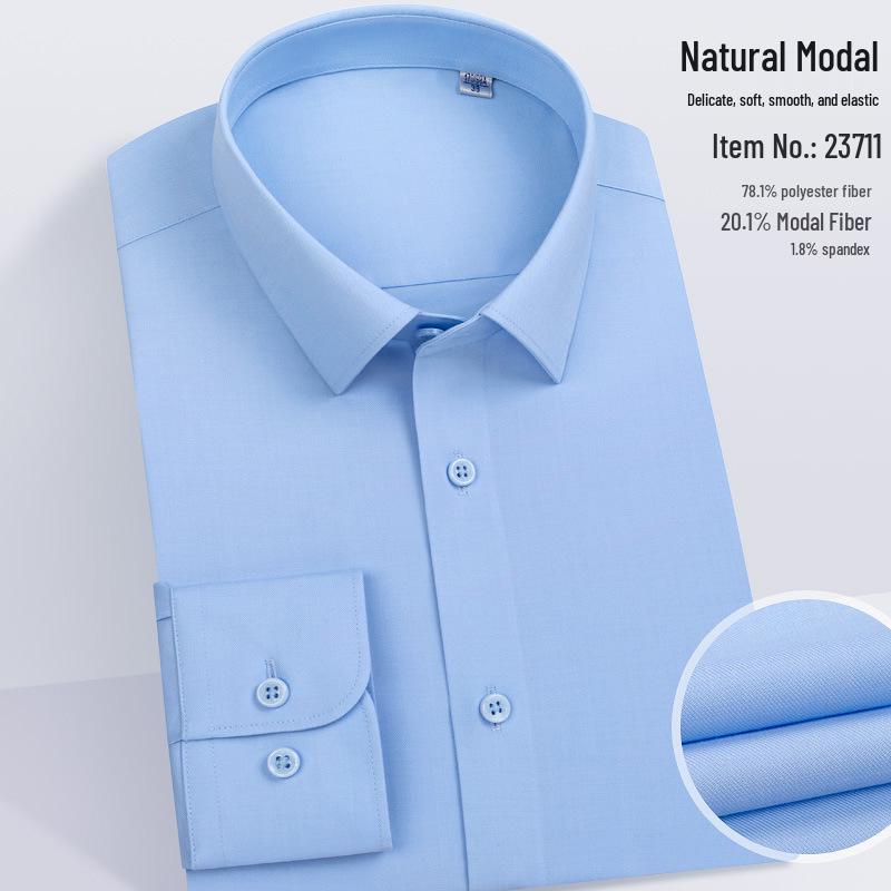 Men's Modal Stretch Long Sleeve Shirt - Non-Iron White, Spring & Autumn Style, Customizable LOGO, Professional Wear.