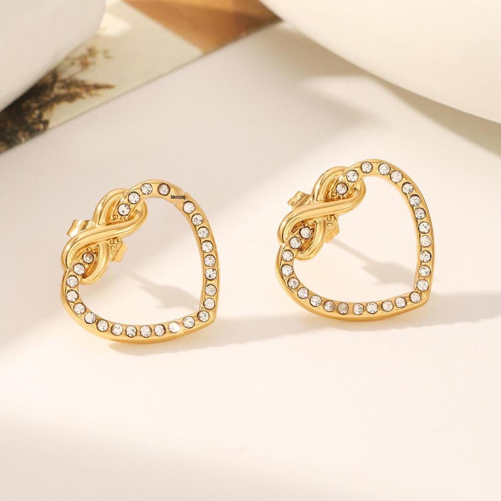 18k Gold Plated Stainless Steel Rhinestone Heart-shaped Earrings with Hollow Design in Sweet Niche Style