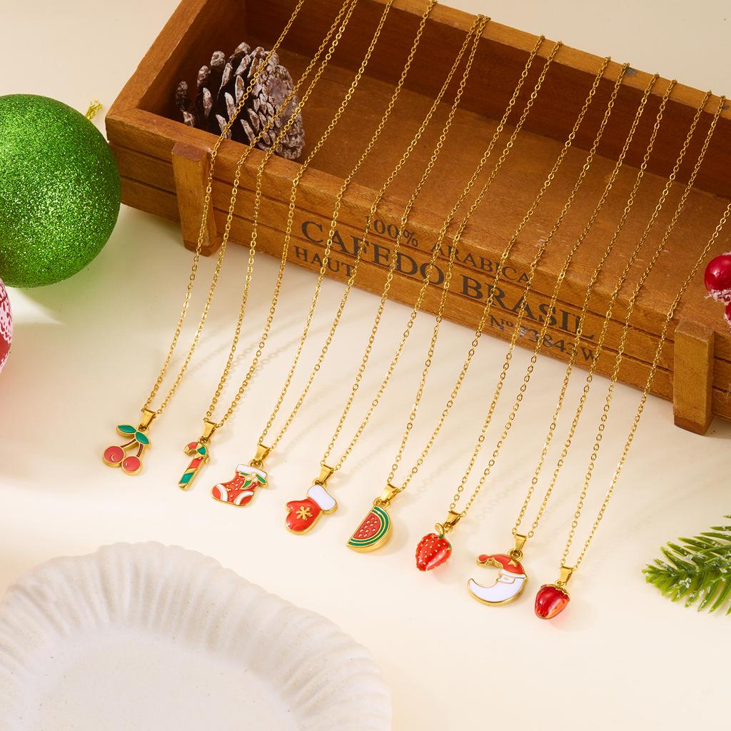 Stainless Steel Colorful Oil Drop Pendant Necklaces Enamel Christmas Tree Bell Santa Snowflake Necklace for Women Jewelry Gift