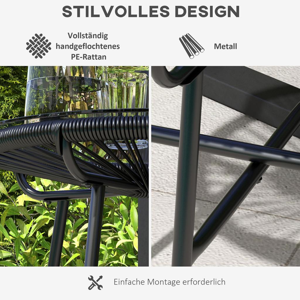 Garden Table Boho-Style Outdoor Side Table, PE Rattan, Tempered Glass, Weather-Resistant, 50 Cm X 50 Cm X 50 Cm, Black