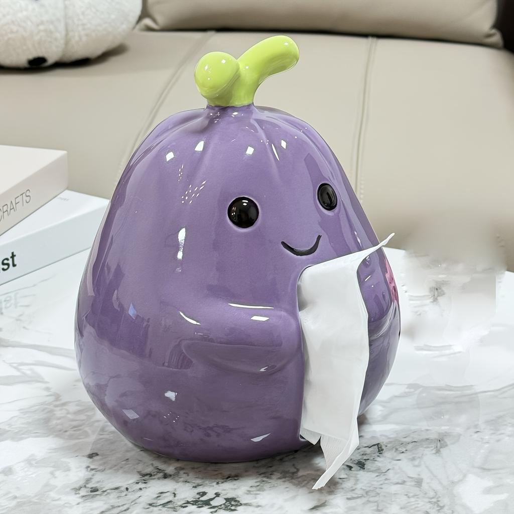 Charming Purple Eggplant Shaped Ceramic Tissue Box Holder with Green Ste,mLeaf Design,Cute Cartoon Kitchen Decor for Living Room or Dining Table