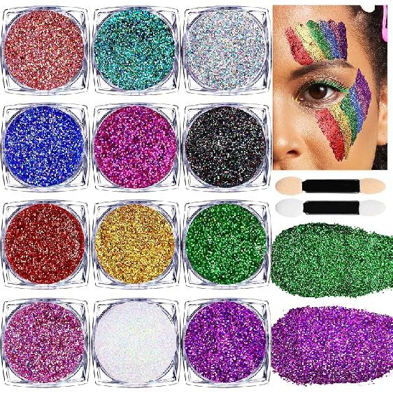 Teenitor Body Glitter Face Glitter Makeup Festival Glitter, 12 Colors Face and Body Glitter Gel, Hair Glitter Gel, Body Makeup 0.2mm