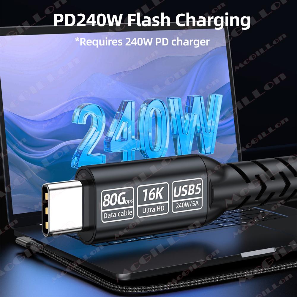 Elbow Type-C to USB5.0 PD240W 80Gbps Thunderbolt 5 Type-C Cable 16K 8K 48V/5A for iPhone 16 Pro Tablet Switch Laptop MacBook Pro