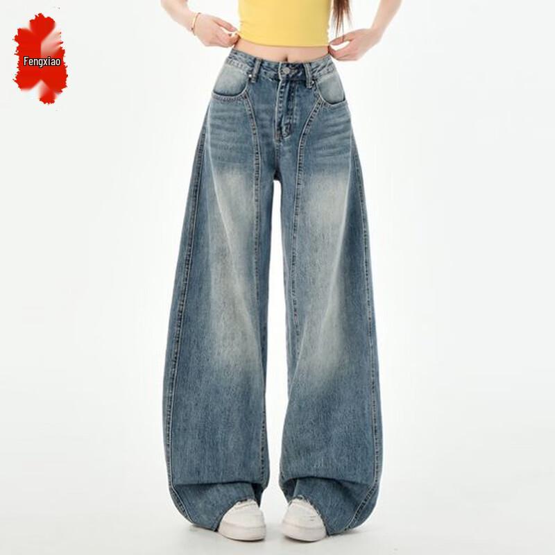 

Women s Retro Blue High-Waist Wide-Leg Jeans L