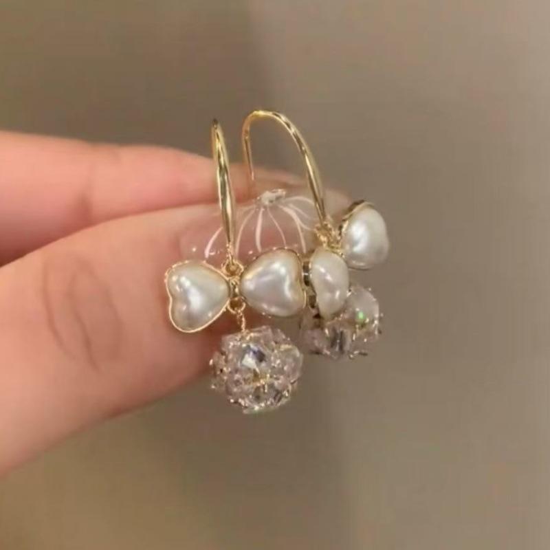 

Pearl love bow zircon ear hook fashionable small fresh sweet earrings high sense elegant earrings women
