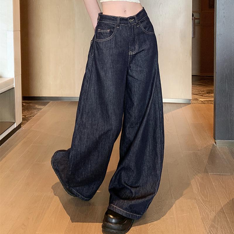 Women's Summer 2024 Retro High-Waisted Dark Wash Wide-Leg Jeans