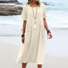 Summer Women's Elegant Long Cotton Dress Round Neck Vacation Loose Short Sleeve Midi Dresses