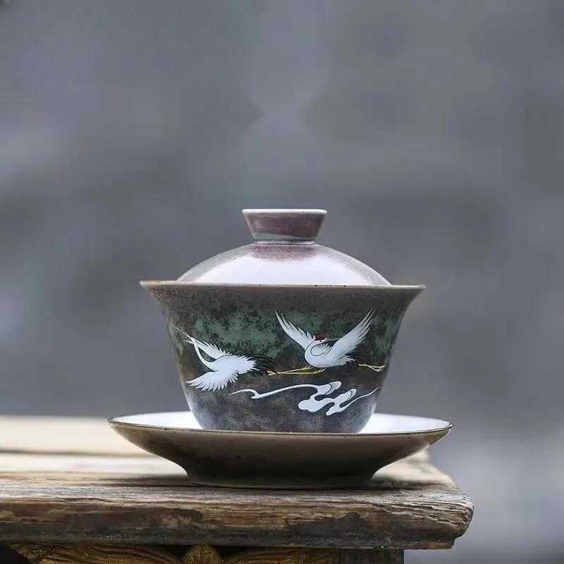 160ml Antique Kiln Change Glaze Gaiwan Creative Crane Tea Tureen Household Tea Maker Cover Bowl Tea Services Supplies Decoration