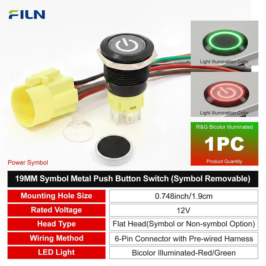 FILN 19mm Waterproof Metal Button Switch, 12V, LED Dual Color, Removable Symbol, Self-locking/Momentary