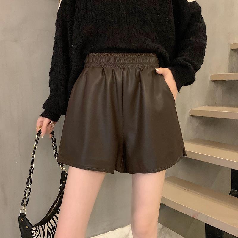 Women's Fall Winter High Waisted Slimming Plus Size Loose Outer Wear A-Line Wide Leg PU Leather Shorts Mini Shorts Versatile Slim Fit Hot Pants