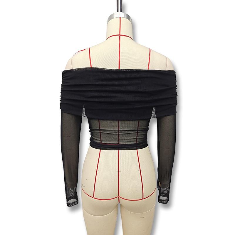 Tooxika Spring And Autumn Women's New Solid Color Slim Fashion One-shoulder Neck Mesh Long-sleeved Top