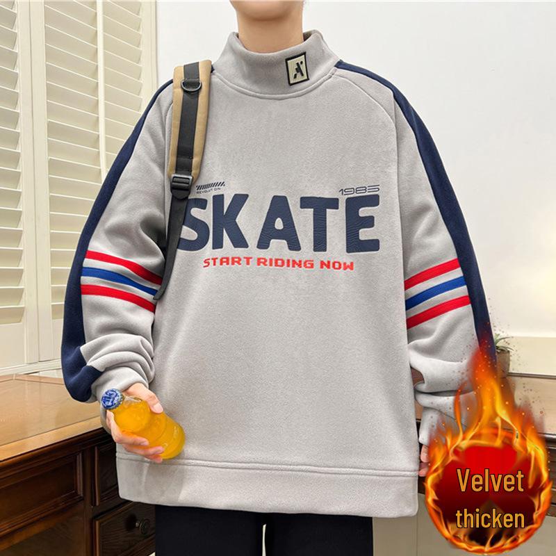 

Men s Winter Fleece Hoodie: Half-High Collar, Loose Fit, Trendy Hong Kong Style, Plus Velvet, Thickened Base Layer for Teens. 3XL 160-180 lbs