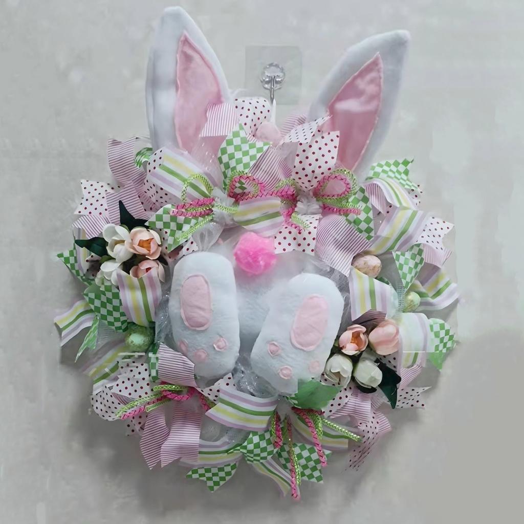 35cm Easter Wreath Fabric Bunny Door Hanging Wreath Linen Bow Door Decoration