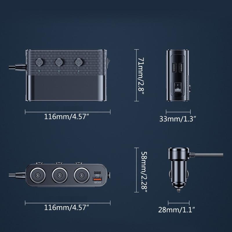 128W Car ChargerAdapter 3 Socket Splitter Charge 4 USB Ports Voltage Display with Independent Switches for Phone Tablet