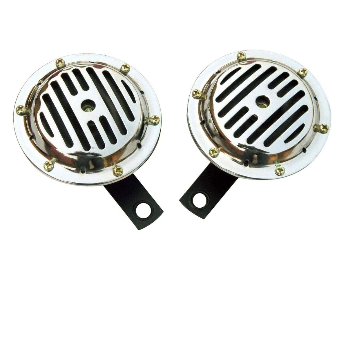 

Pair of Chrome 12V Snail Horns 100mm for Motorbike, Car, Tractor – 130dB Loud Electric Horn Set with Relay & Wiring Kit срібний