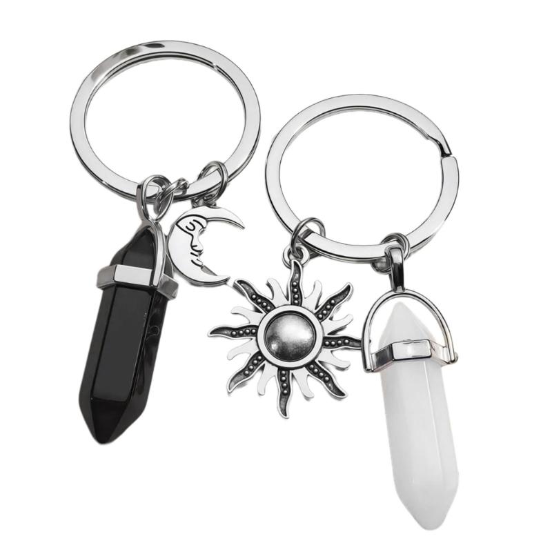 

2 Pieces Creative Natural Stone Keychains with Moon and Sun Detail Couple Keyring Purse Accessories for Women Girls 1