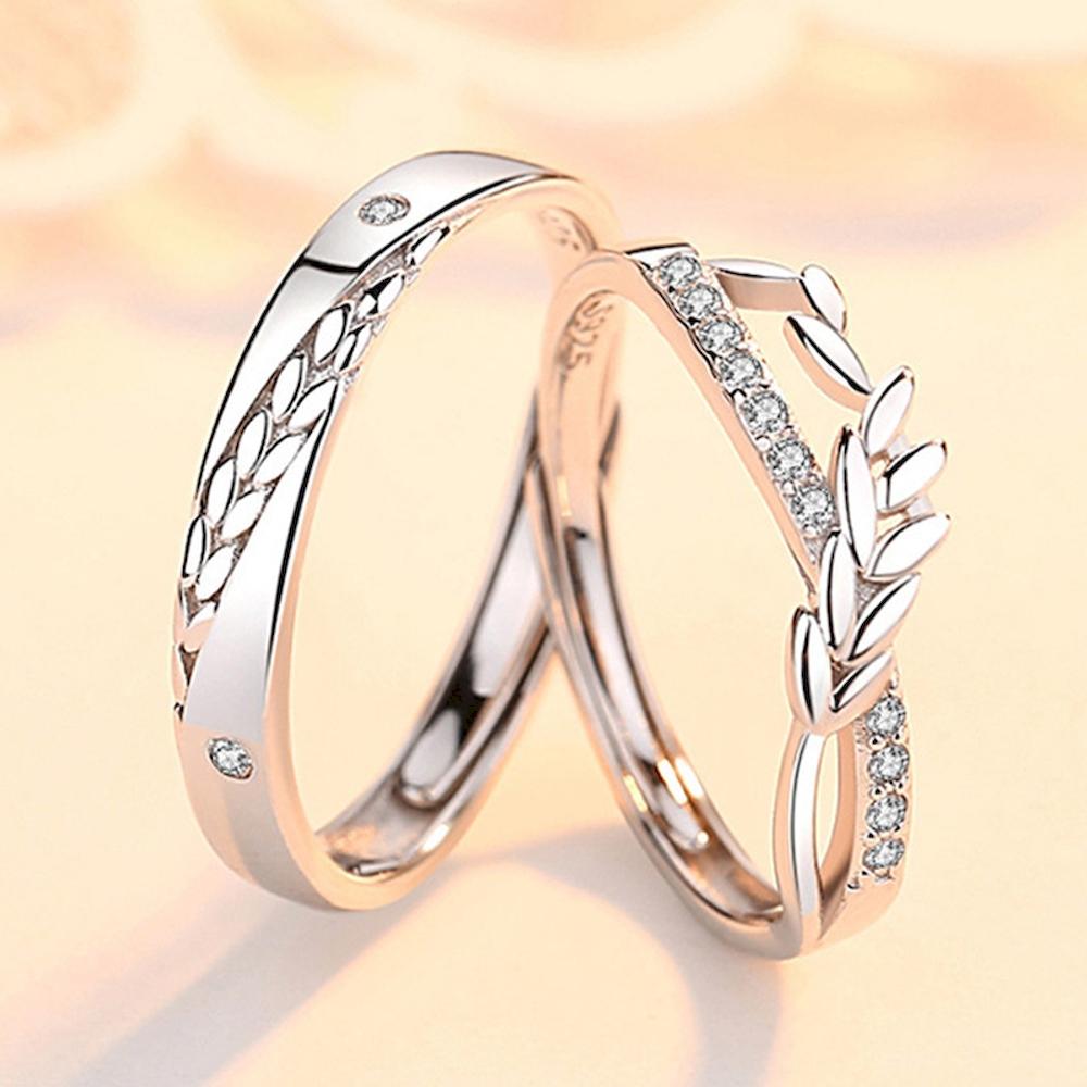 

1 Pair Towards Happiness Overlap Opening Couple Ring Copper Plated Platinum Men Women Wheat Shape Finger Jewelry Resizeable