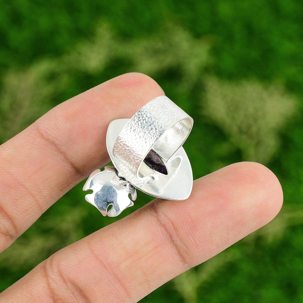 Natural Star Amethyst Gemstone Stackable Flower Ring Size 6.75 925 Silver