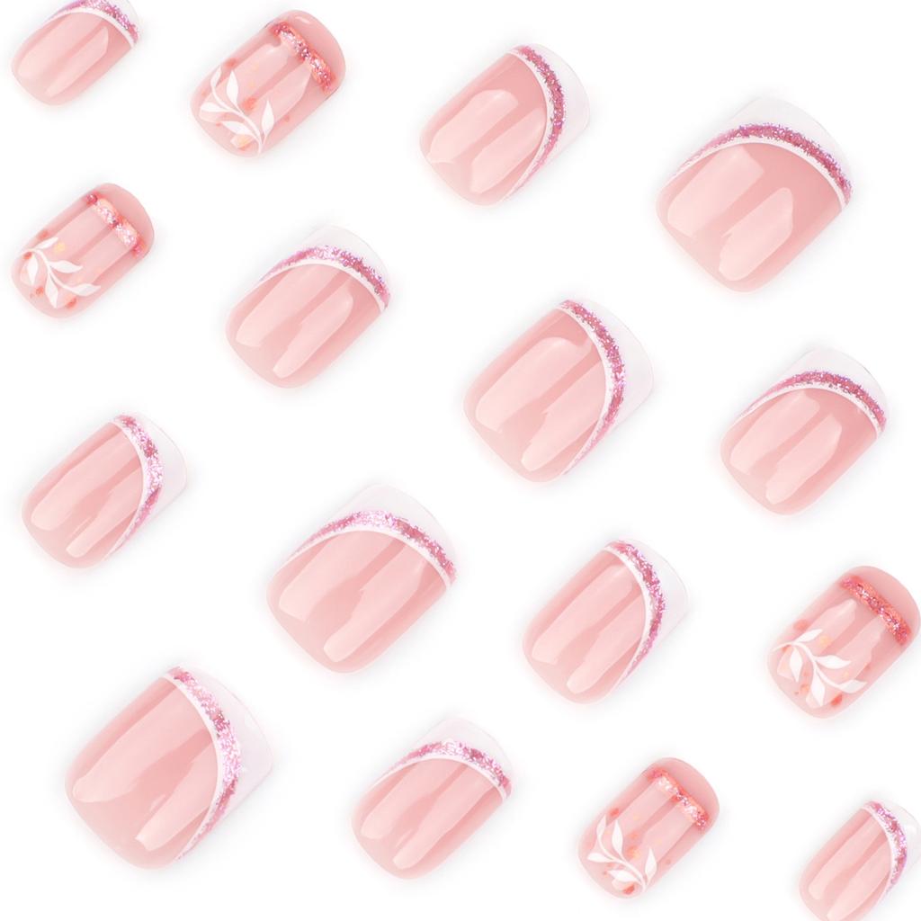 24 Pcs Short Square False Nail Leaf Artificial Nail French Tip Full Cover Stick On Nail Glossy Press On Nail for Woman