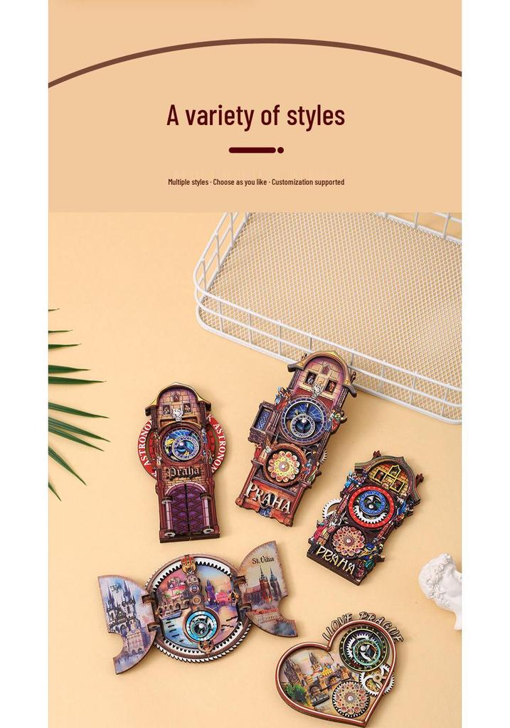 Prague Astronomical Clock 3D Wooden Magnet with Rotating Gears - Czech Travel Souvenir