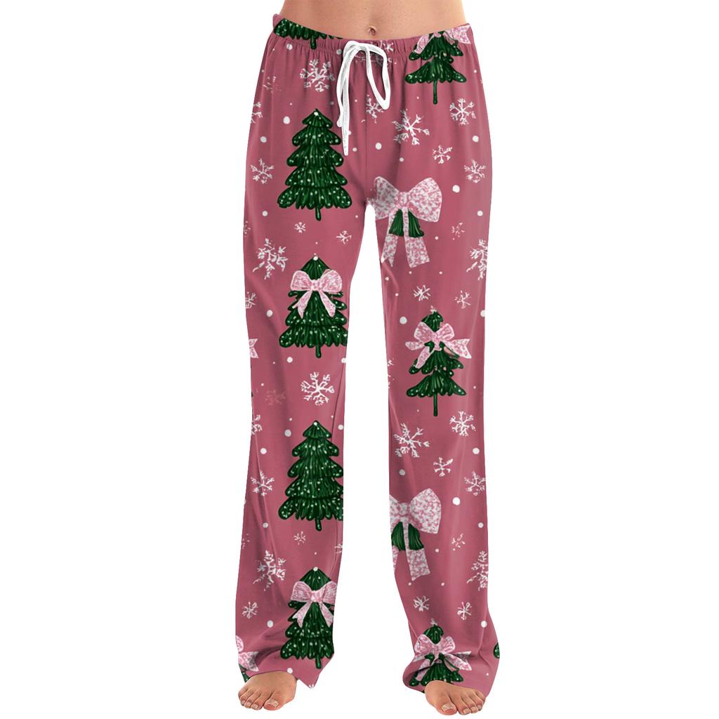 Ladies' Loose And Casual Christmas Printed Wide Leg Pants With Elastic Waistband Drawstring And Pocket Pants