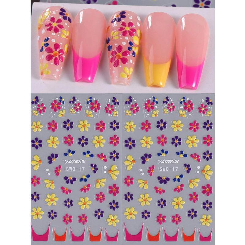 1pcs Colorful Flower 5D Embossed Nail Stickers French Floral Nail Art Design Summer Decals DIY Adhesive Slider Summer Manicure Decor Nail Supplies