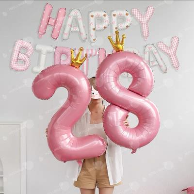 Rosa Happy Birthday Buchstabenballon-Set Rosa bedruckter Geburtstagsballon Krone Digitale Ballons 0-9 für Geburtstagsfeier-Dekoration