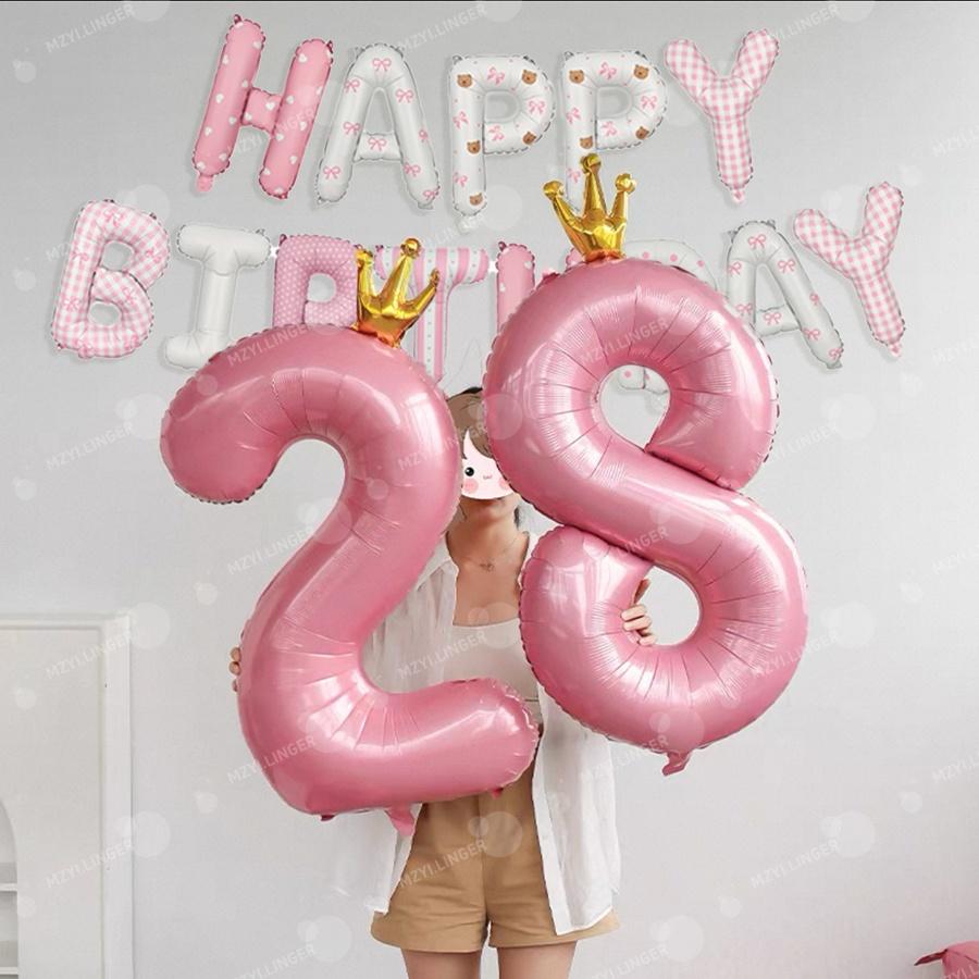Rosa Happy Birthday Buchstabenballon-Set Rosa bedruckter Geburtstagsballon Krone Digitale Ballons 0-9 für Geburtstagsfeier-Dekoration